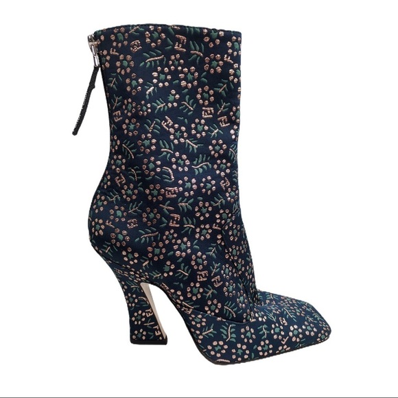 Fendi NEW FFreedom Blue Floral Jacquard Square Toe Ankle Boots Size 36 US 5.5 - Picture 1 of 10
